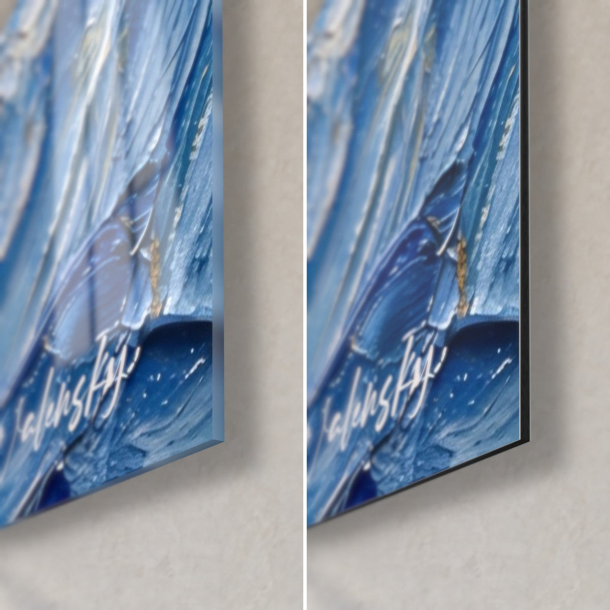 Wall art of a midnight blue fish in thick impasto paint, lower right corner, glossy acrylic glass on the left, matte Dibond aluminium on the right, 3 mm edge