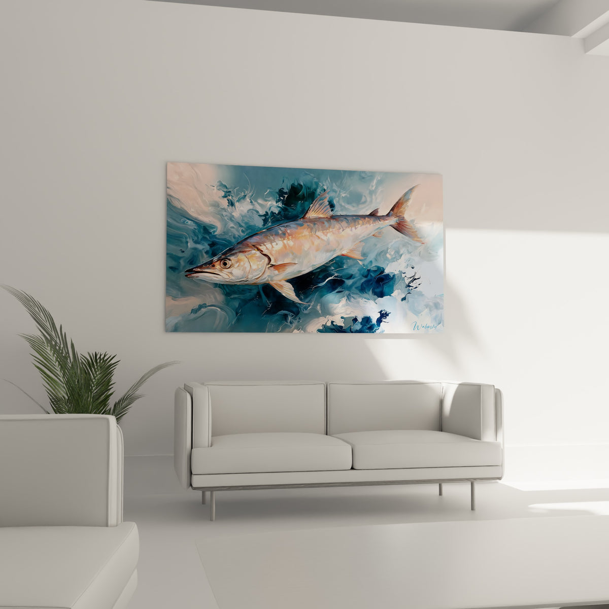 Poisson barracuda aux tons pêche et bleu profond au-dessus d'un canapé dans un salon lumineux