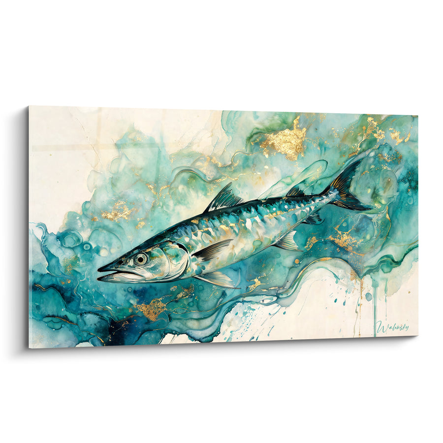 Tableau Barracuda turquoise et doré aux volutes marines - Dérive océane - Edition Barracuda