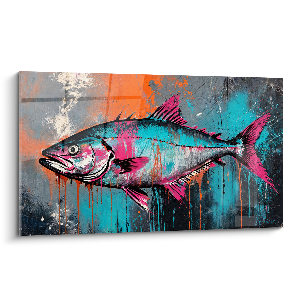 Barracuda turquoise aux nageoires fuchsia peint façon graffiti sur fond anthracite éclaboussé d'orange