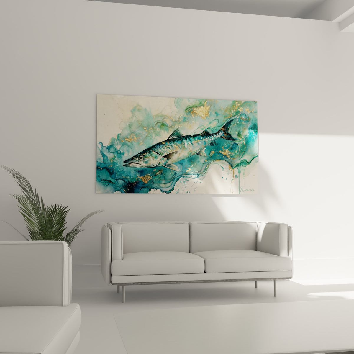 Ce barracuda vert d'eau et or aux nageoires déployées orne le mur au-dessus d'un canapé dans un salon lumineux