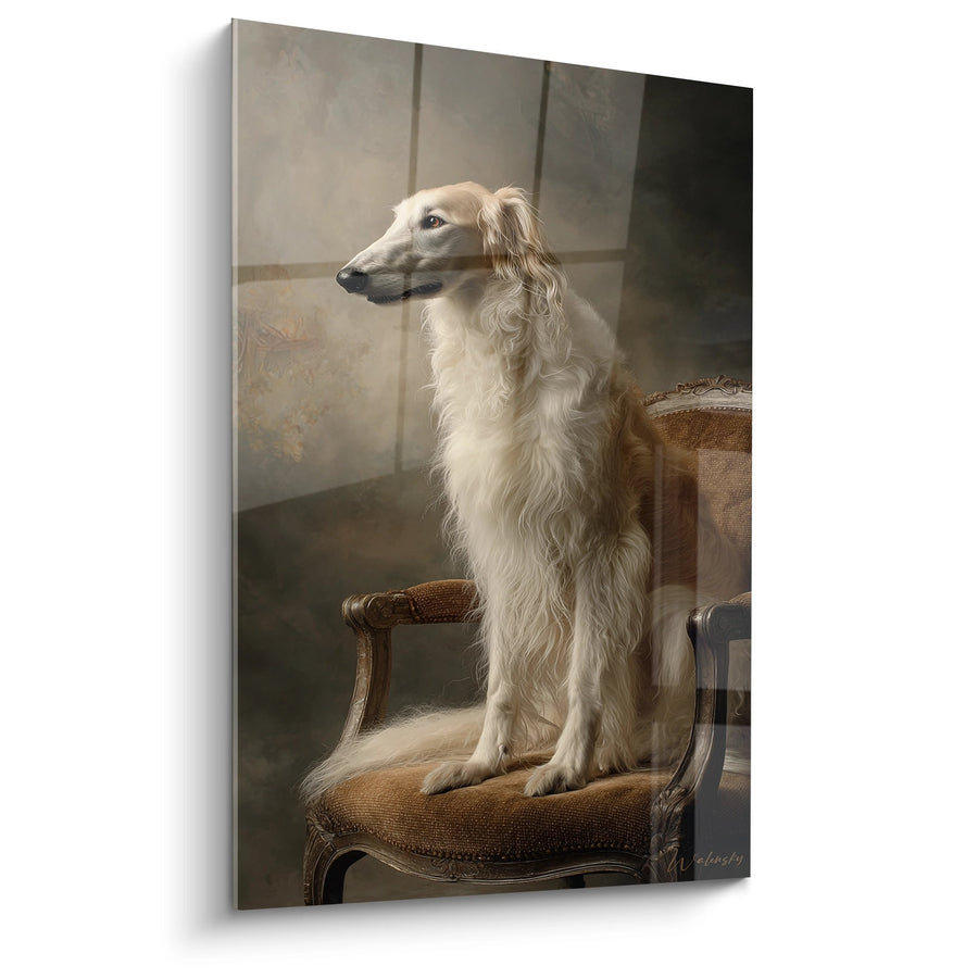 Tableau Lévrier Blanc Élégant sur Fauteuil Ancien - Portrait Aristocratique - Edition Barzoi