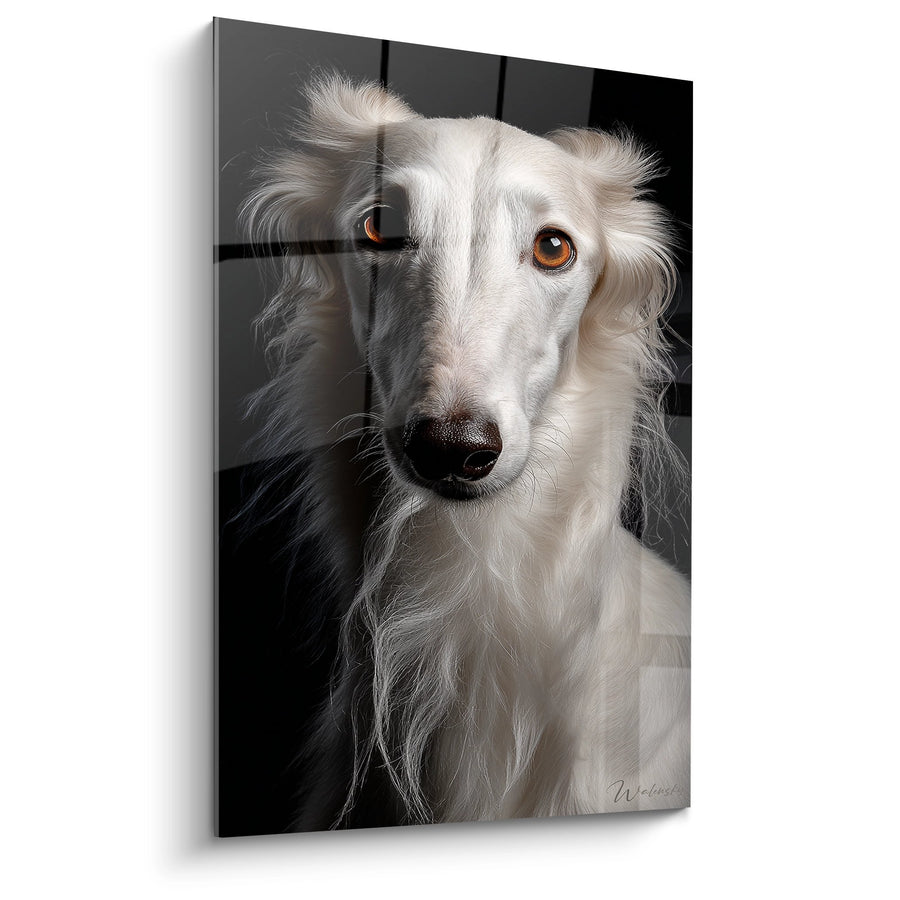 Hundegemälde Weißer Hund mit bernsteinfarbenen Augen Elegantes Porträt - Edler Blick - Barzoi Edition