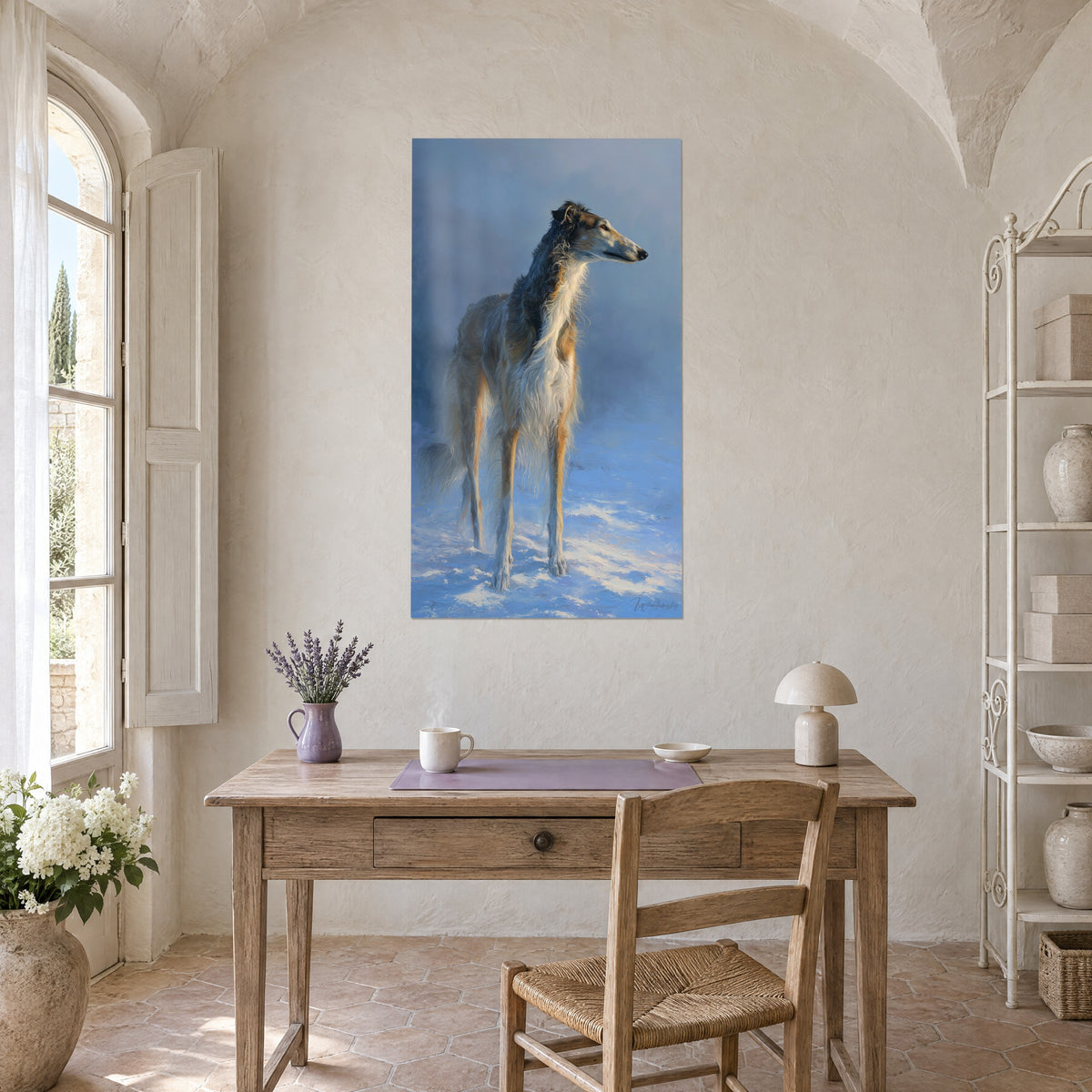 Cuadro de un barzoi elegante, pelaje blanco y fuego, nieve lavanda y cielo azul, colgado sobre un escritorio de madera