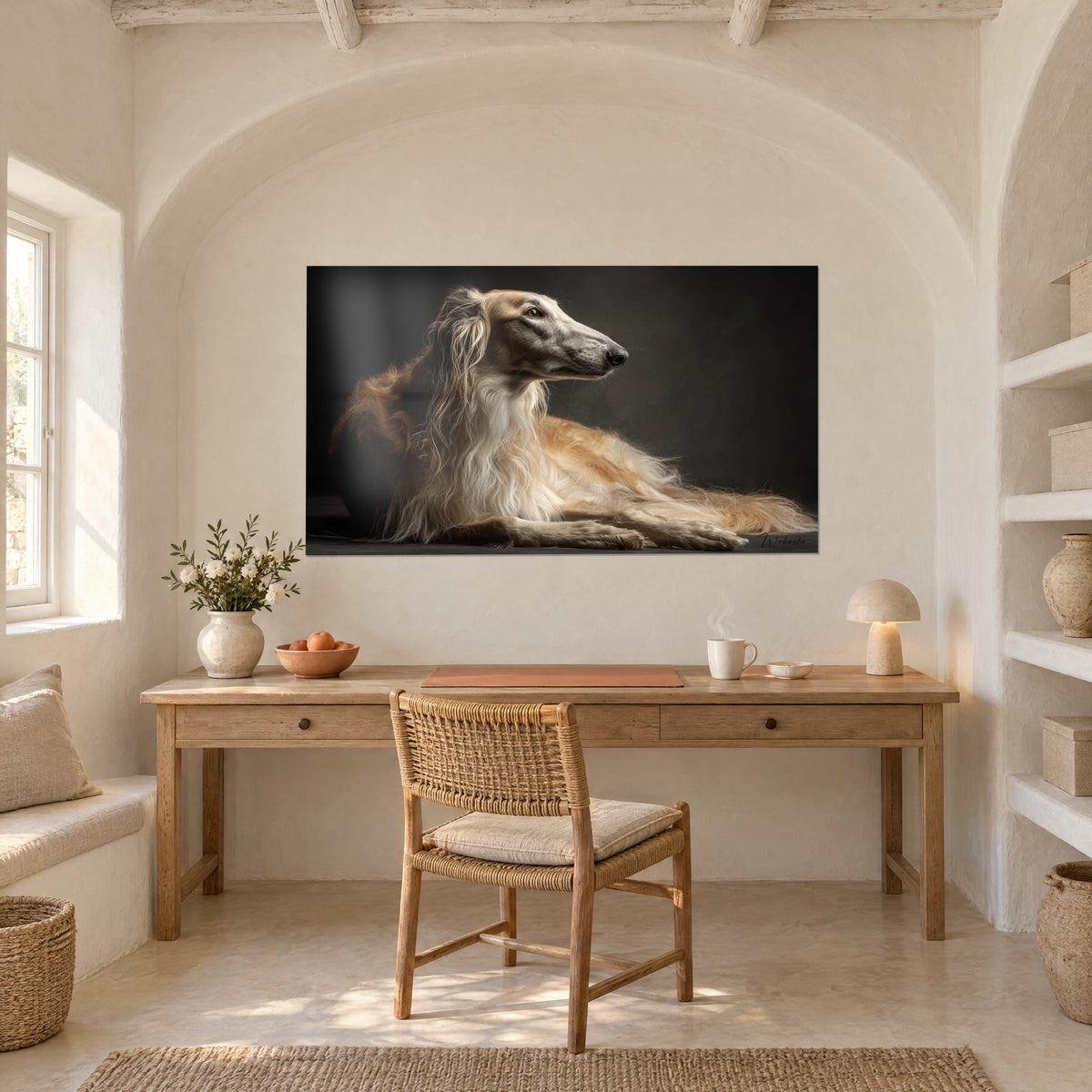 Cuadro de galgo de perfil refinado, orejas con mechones dorados, fondo gris oscuro, colgado bajo una bóveda blanca encima de un escritorio de madera
