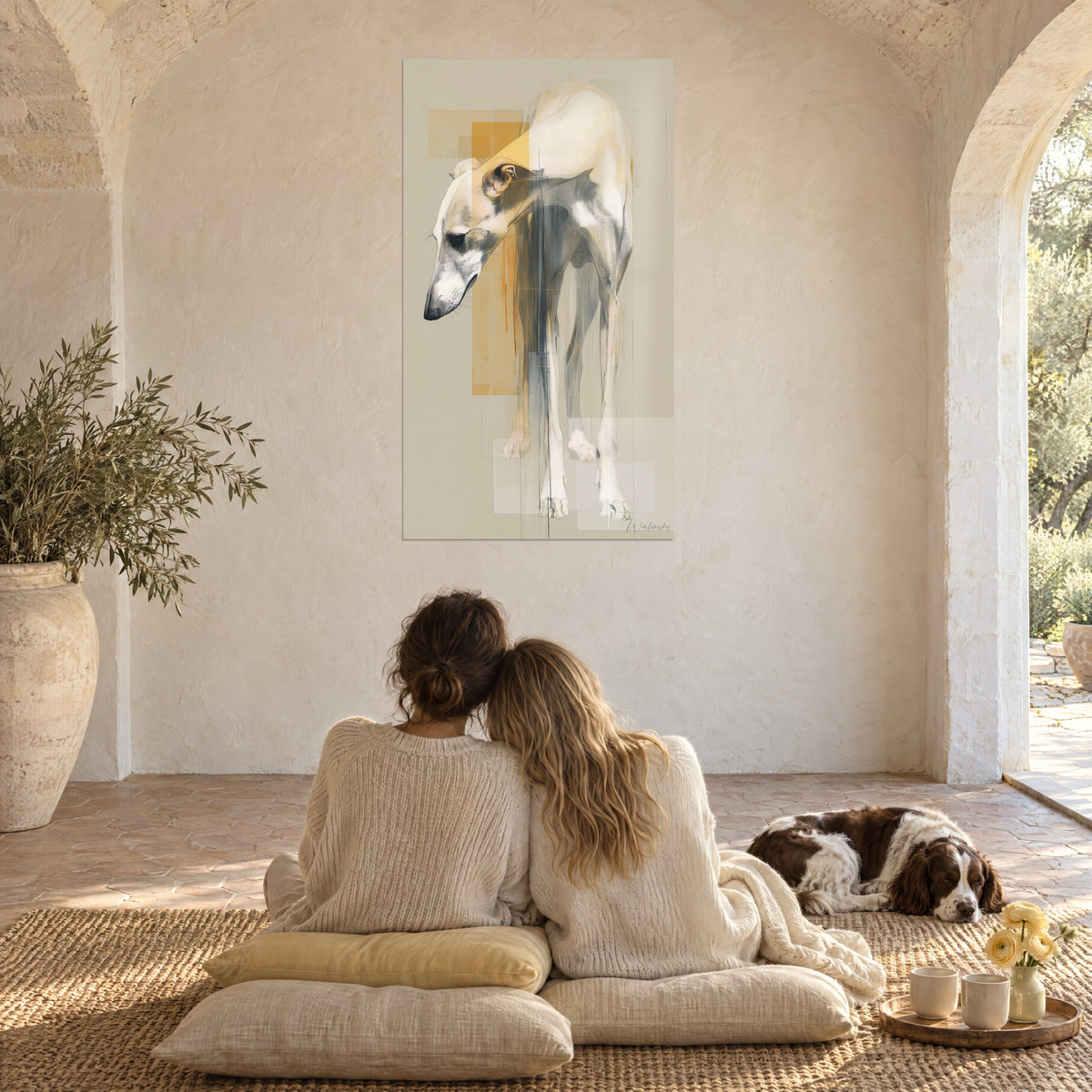 Quadro di una slanciata levriera dal collo incurvato, beige e grigio perla, fascia dorata, soggiorno a volta con uno spaniel sdraiato sul tappeto