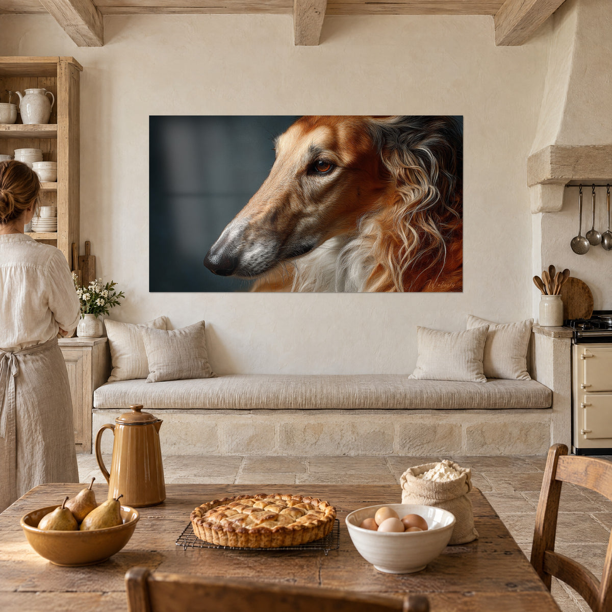 Wall art portrait of a copper-coated borzoi, flowing ivory streaks and dark background, seen from a warm country kitchen