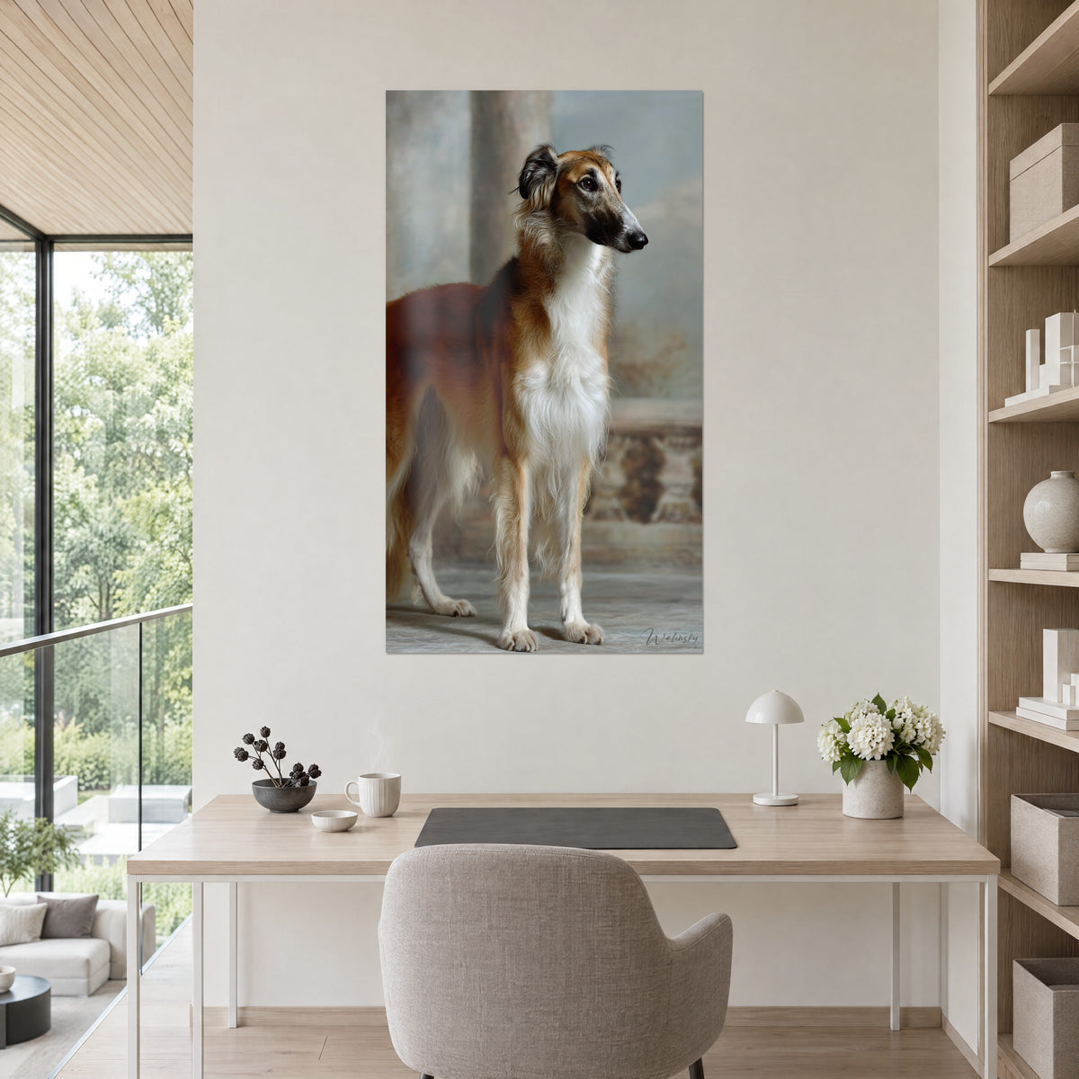 Schilderij van een windhond met een slanke silhouet, roodkleurige en crèmekleurige vacht, elegante zwarte snuit, witte muur van een kantoor naast een olijfboom in pot