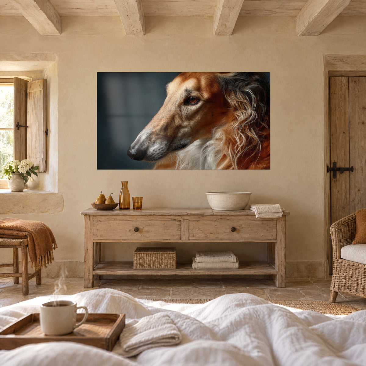 Wall art of a Russian wolfhound with an amber gaze, long wavy cream-white and orange coat on a midnight blue background, above a bed in a light bedroom