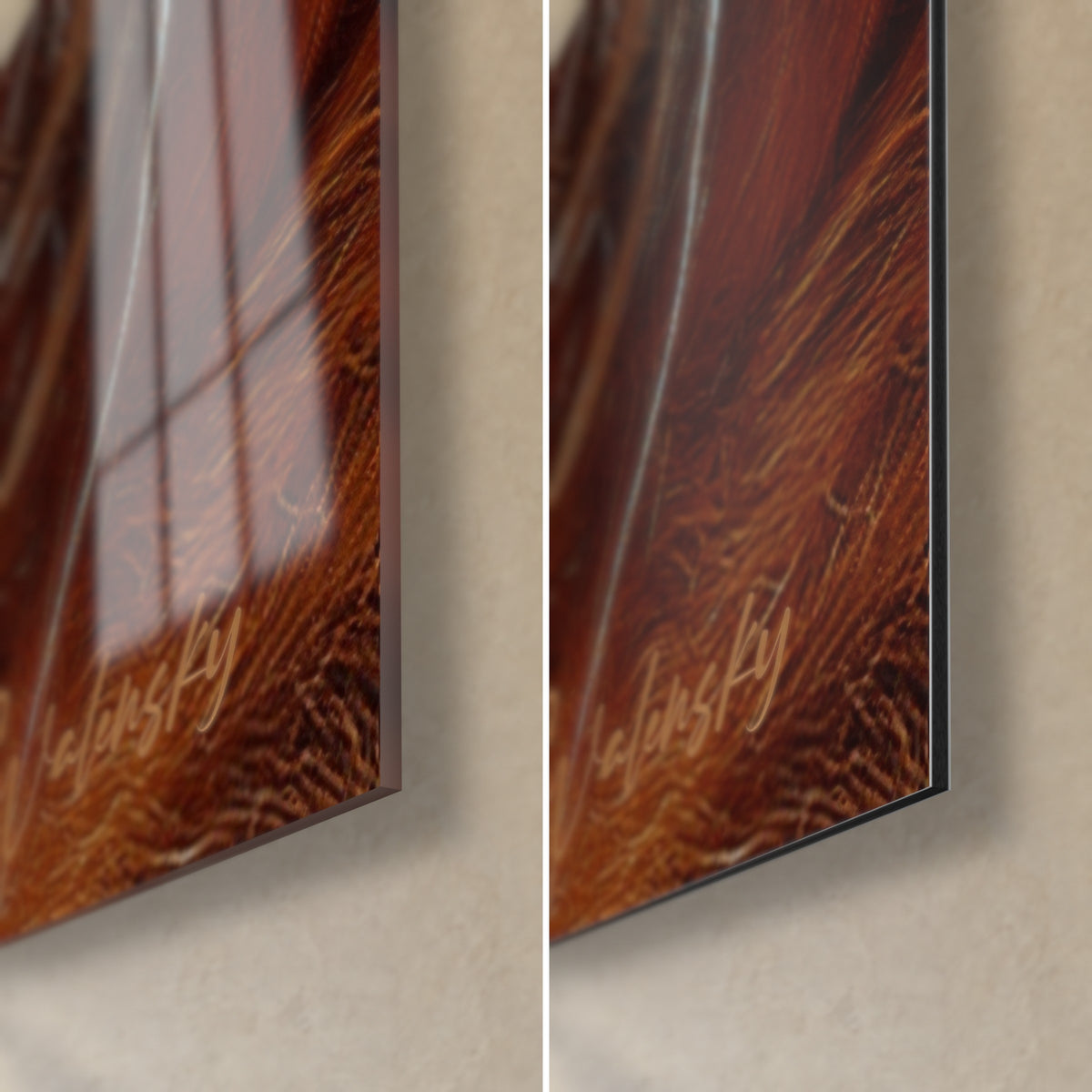 Wall art of a russet and cream borzoi in profile, bottom right corner: glossy acrylic glass on the left, matte Dibond aluminium on the right, 3 mm edge