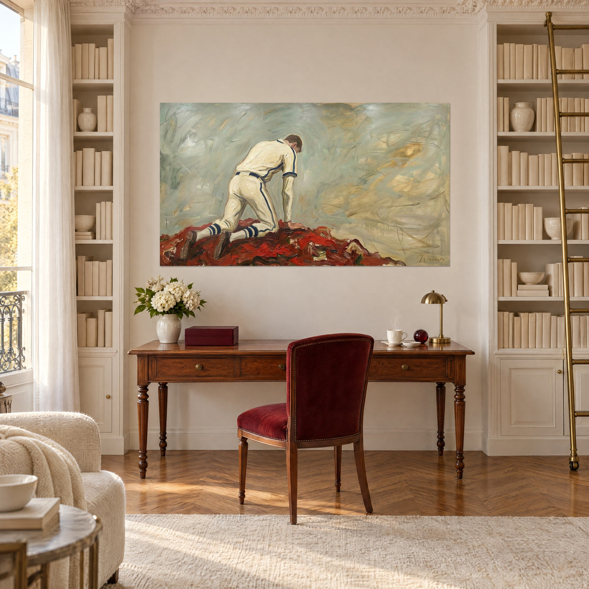 Wall art of a baseball champion seen from behind, dark cap, ivory flannel over a scarlet body, above a wooden desk between bookshelves