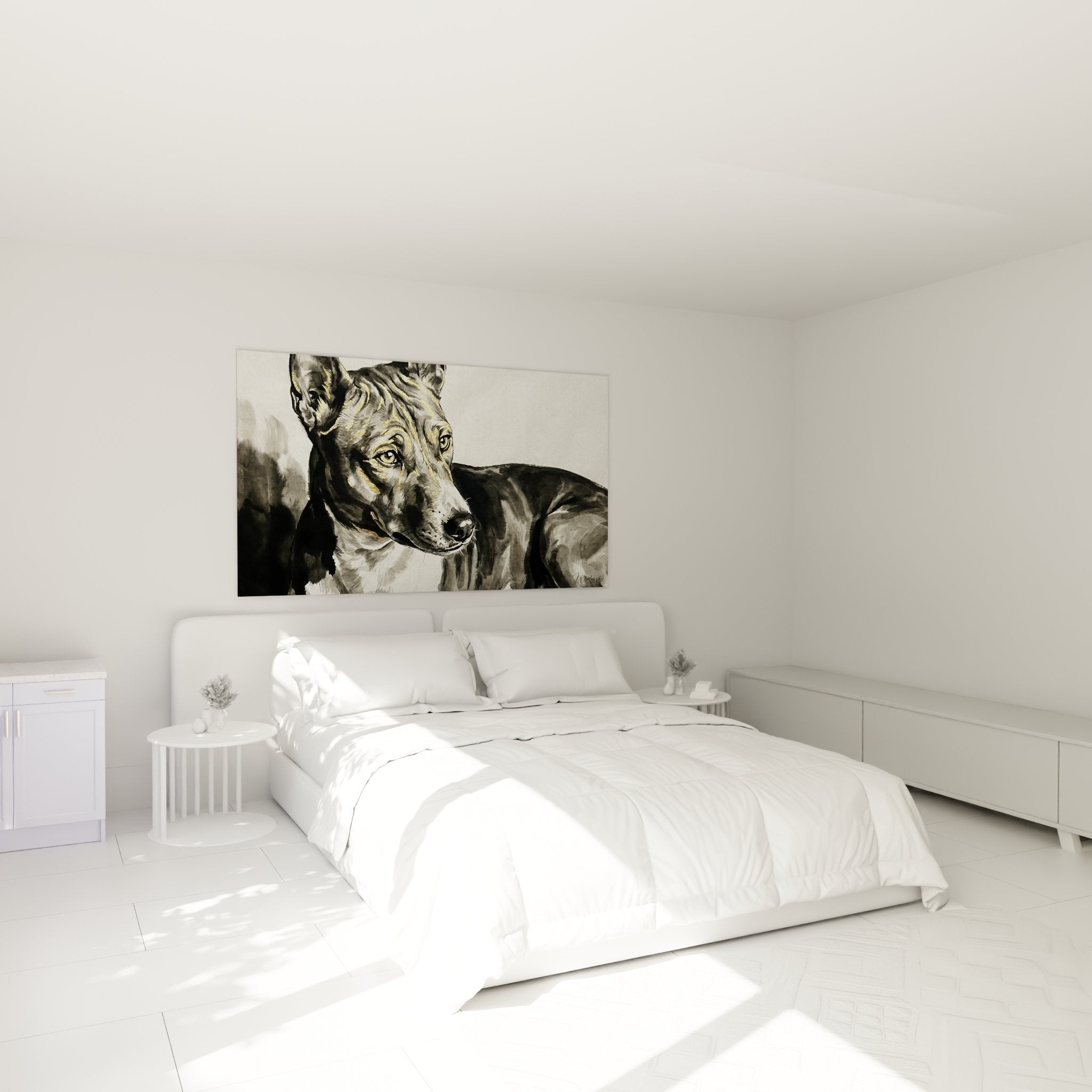 Basenji-Porträt Aquarell schwarz-gold dekoriert modernes Schlafzimmer weiße Wand warme Atmosphäre