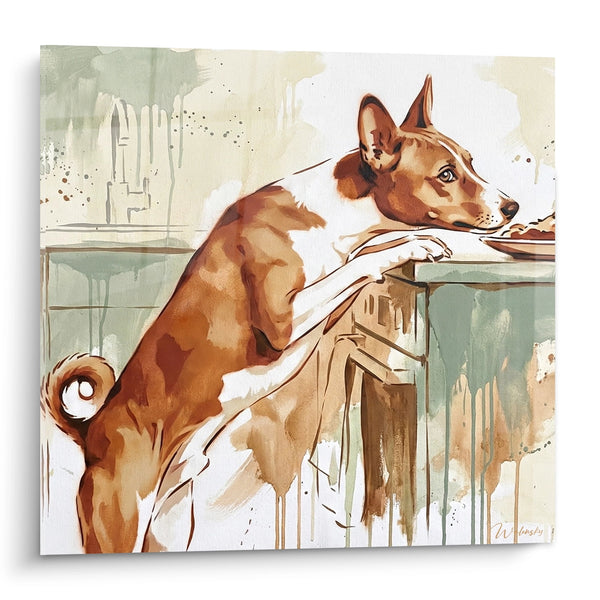 Cuadro de Perro Rojo en Acuarela en Contemplación - Mirada Introspectiva - Edición Basenji