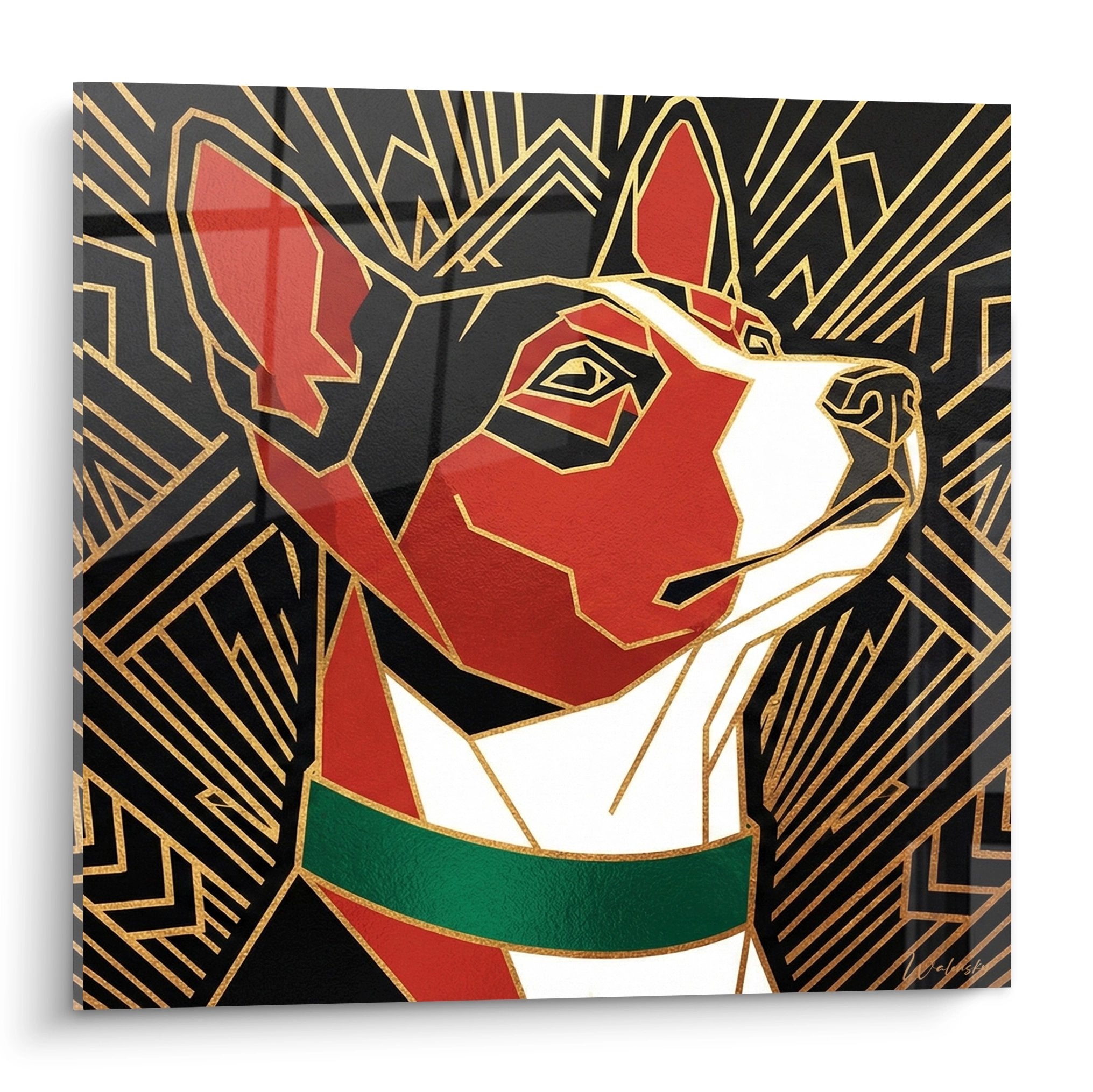 Künstlerisches Porträt Basenji rot-weiß im Art-Déco-Stil mit goldenen geometrischen Mustern auf schwarzem Hintergrund