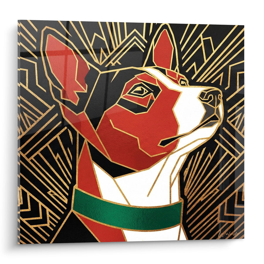 Tableau Chien Rouge et Blanc Motifs Art Déco - Portrait Géométrique - Edition Basenji