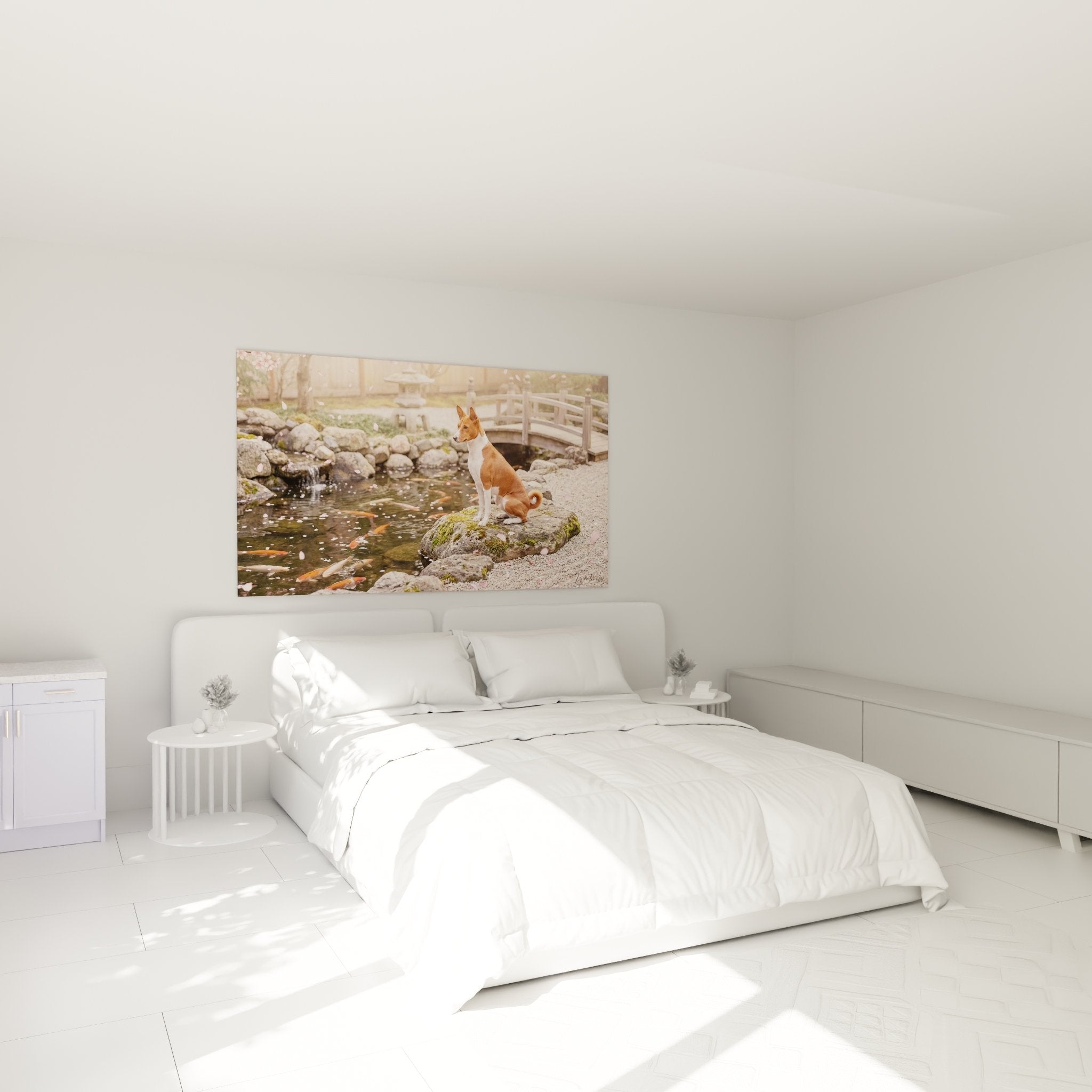 Tableau Basenji zen dans chambre moderne avec déco naturelle et lumière douce