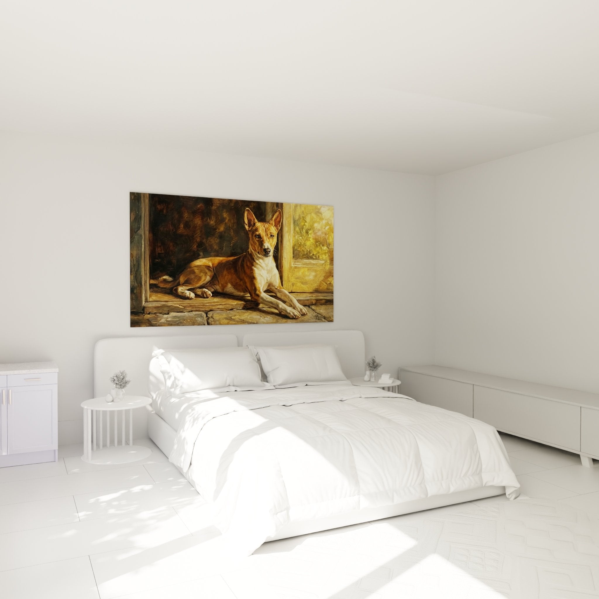 Basenji Gemälde Schlafzimmer Wanddekoration Hund fauve goldenes Licht warme Atmosphäre Ruhe