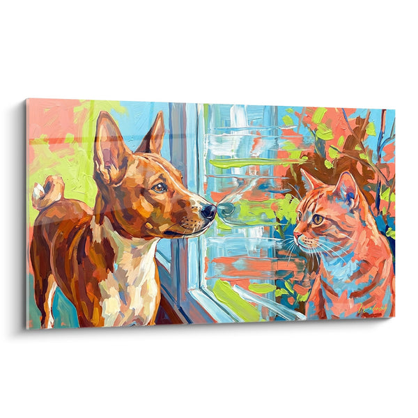 Tableau Chien et Chat face à face devant une Fenêtre - Complicité Colorée - Edition Basenji
