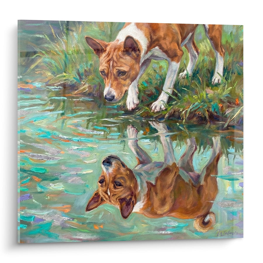 Tableau Chien Roux et Blanc au Bord de l'Eau - Reflets Aquatiques - Edition Basenji