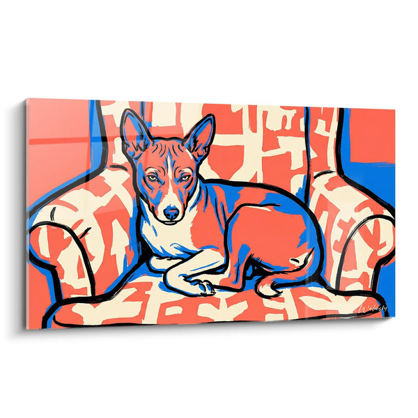 Tableau Chien Basenji Couché aux Couleurs Corail et Bleu - Repos Artistique - Edition Basenji