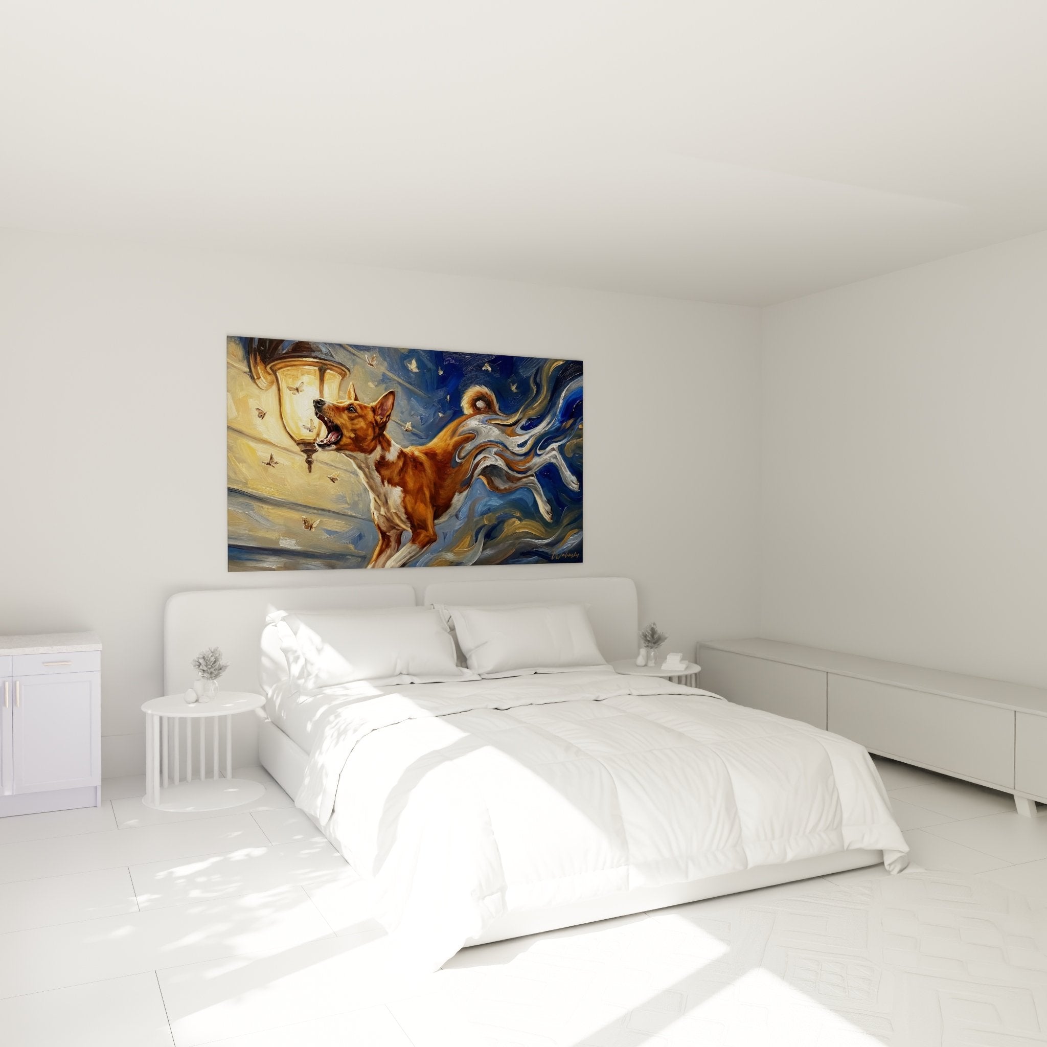 Basenji Kunstbild fantastische Kunst in modernem Schlafzimmer, Wanddekoration roter Hund blauer Wirbel