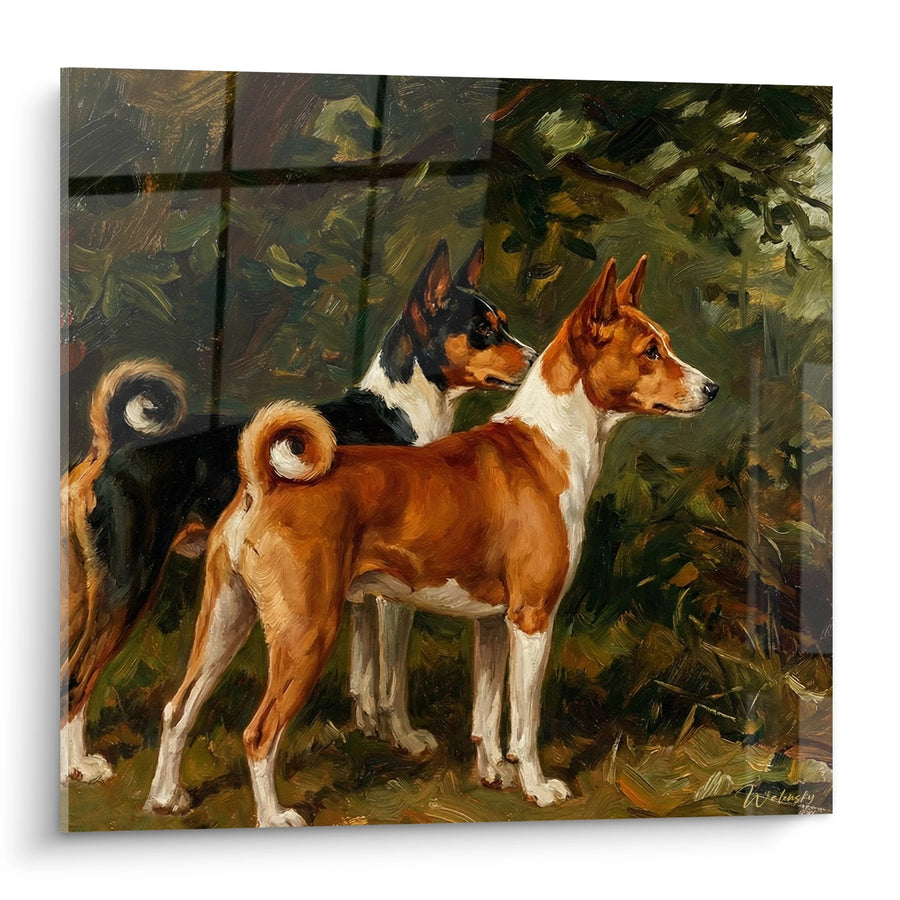 Tableau Duo de Chiens Roux et Tricolore dans la Verdure - Complicité Canine - Edition Basenji