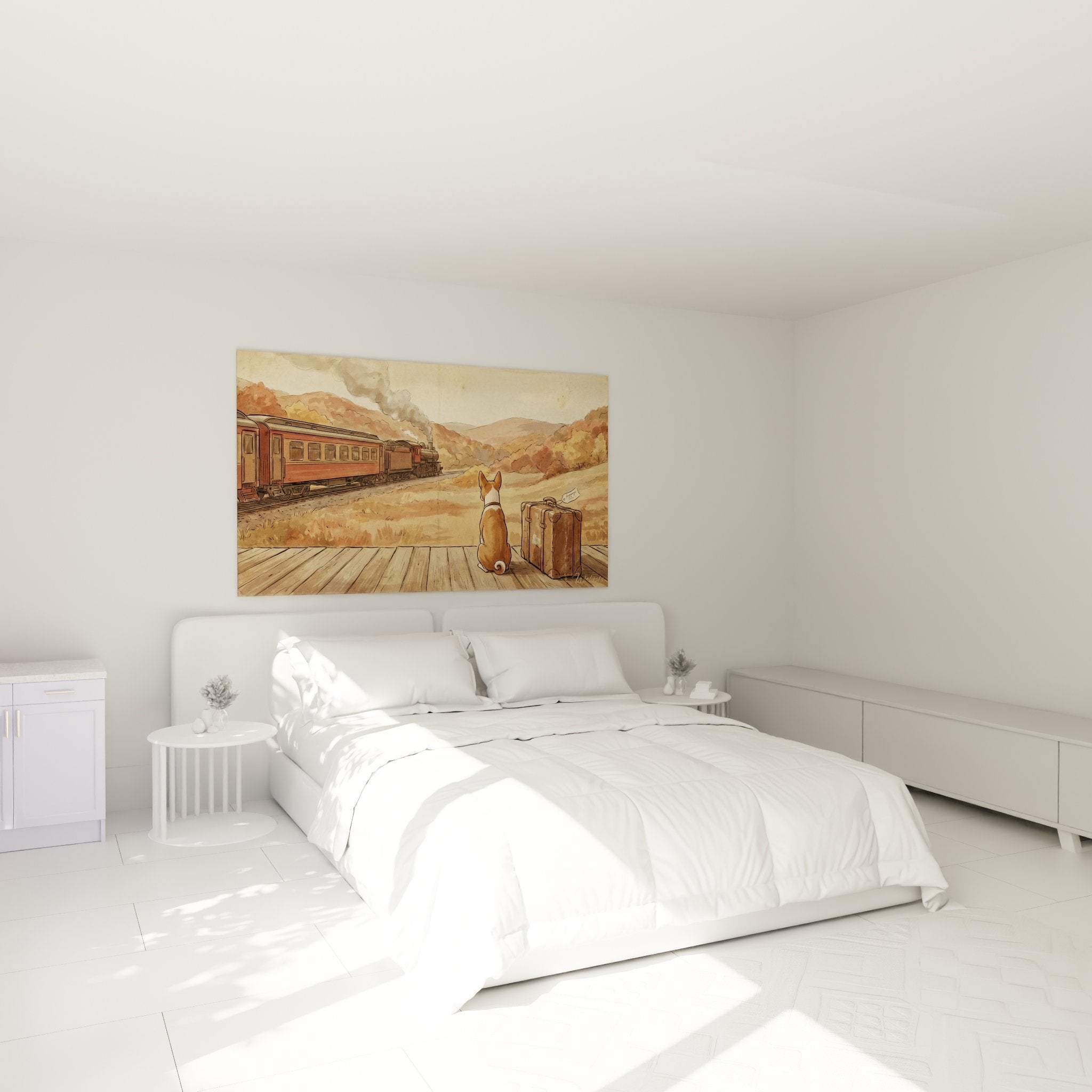 Tableau Basenji gare vintage dans chambre aux murs beiges avec mobilier bois naturel et décoration cosy