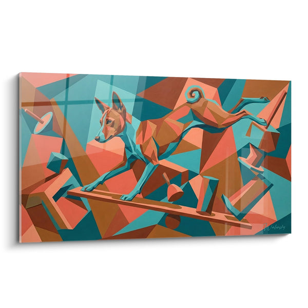 Tableau Chien Basenji Géométrique Corail et Turquoise - Allégresse Cristalline - Edition Basenji