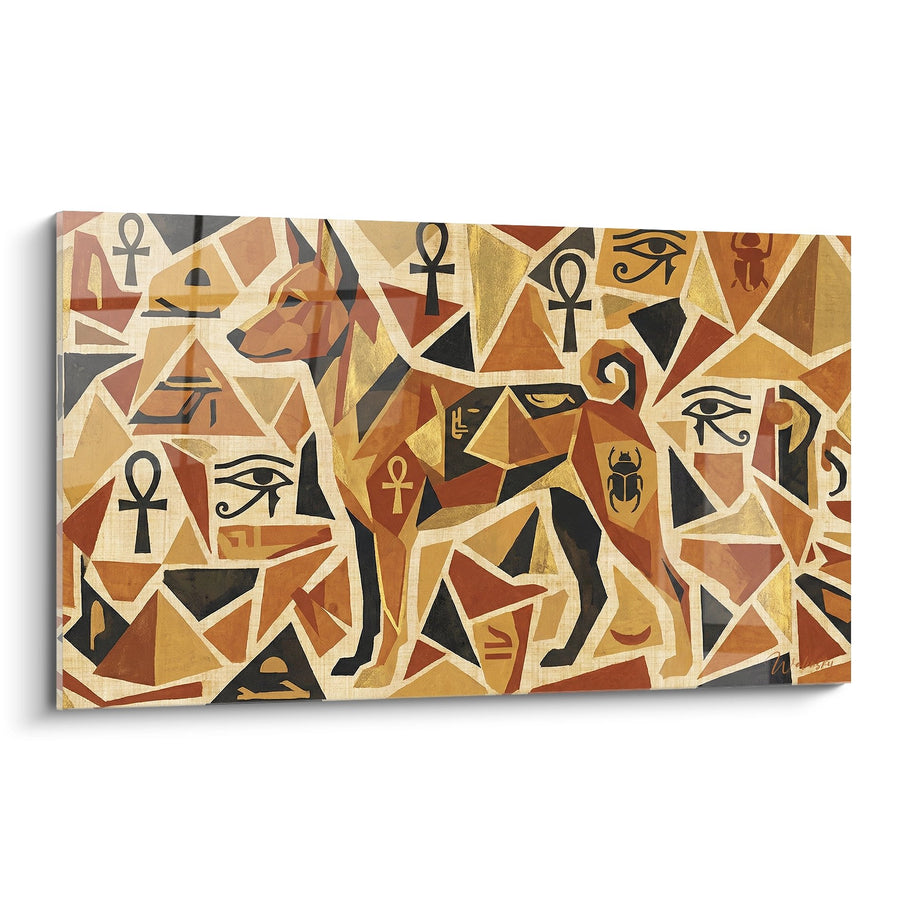 Tableau Chien Géométrique aux Symboles Égyptiens - Mosaïque Dorée - Edition Basenji