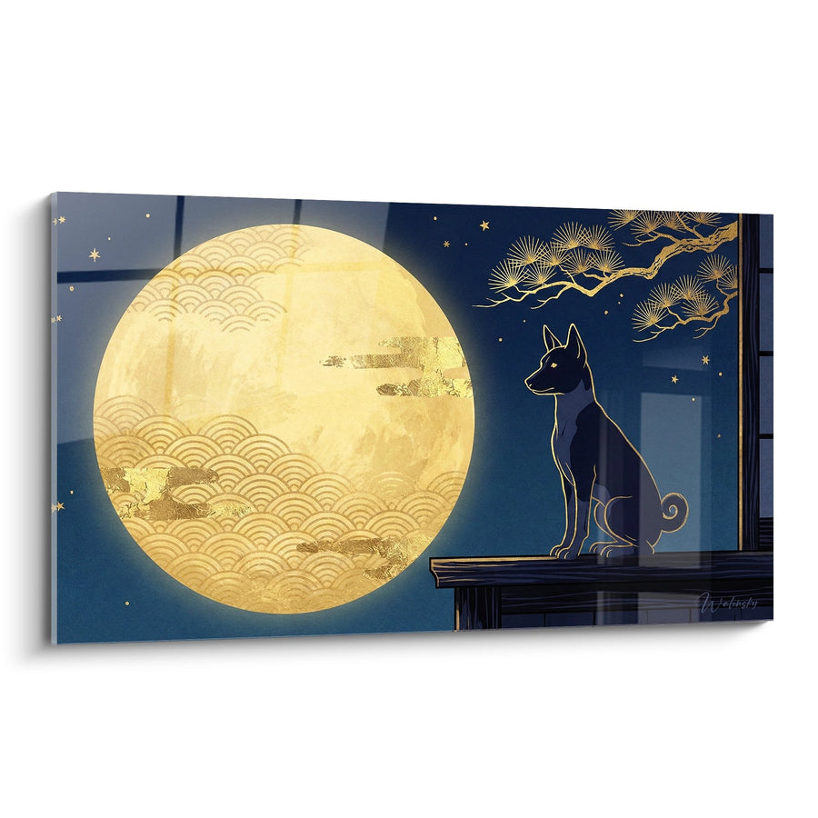 Tableau Chien Noir sous Pleine Lune Dorée - Sérénité Nocturne - Edition Basenji
