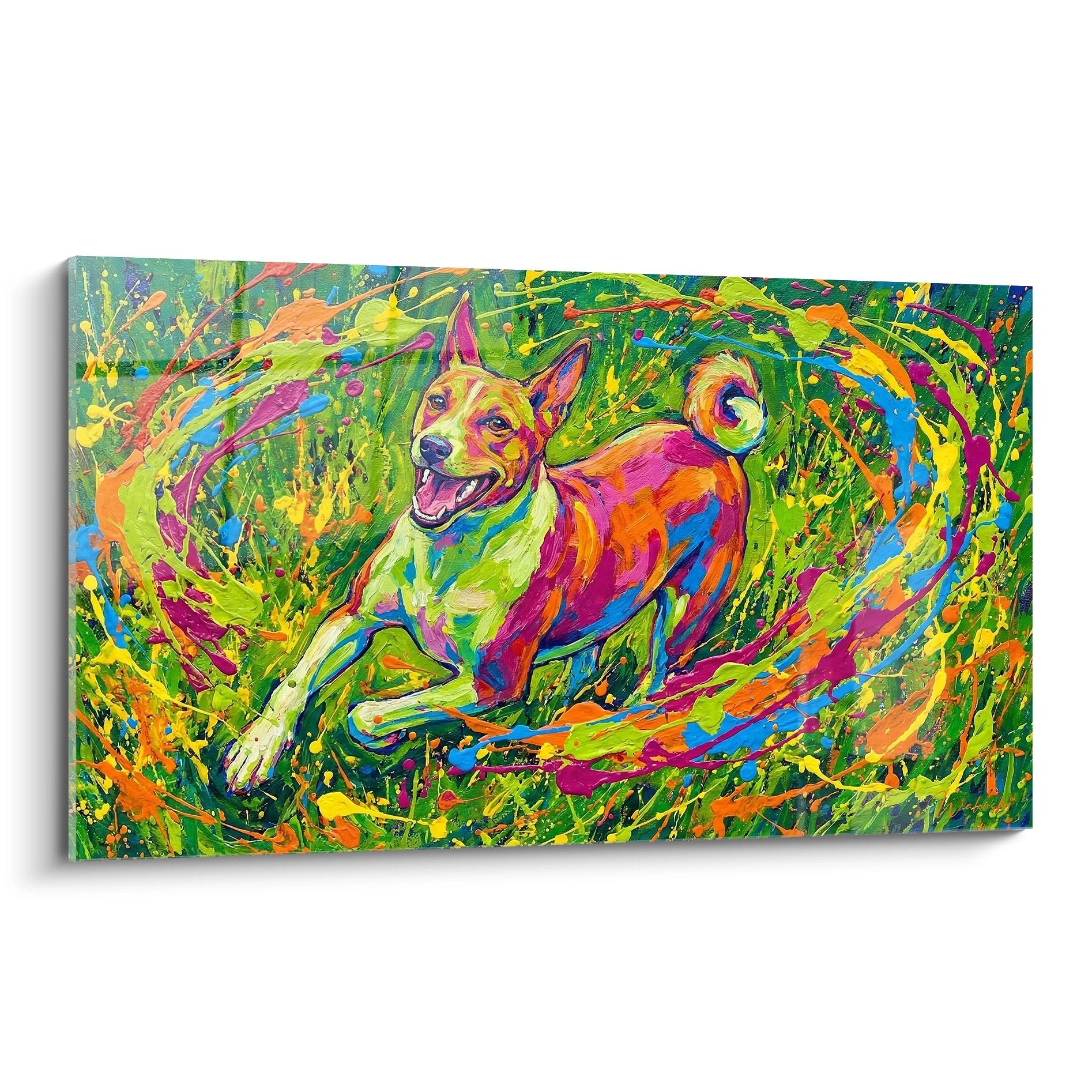 Tableau moderne Basenji multicolore dans tourbillon éclaboussures peinture verte rose orange bleue art expressif