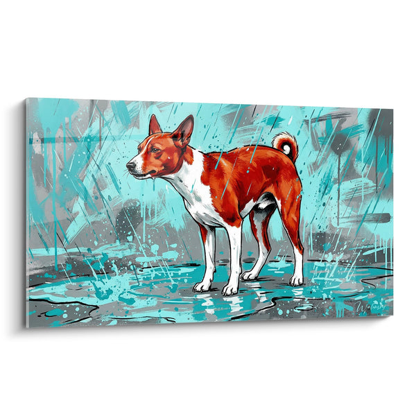 Tableau Chien Rouge et Blanc sous la Pluie Turquoise - Tempête Artistique - Edition Basenji