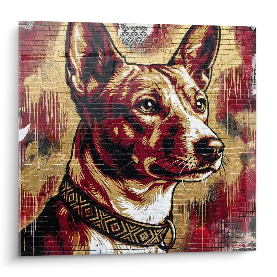 Tableau Chien Basenji à Collier Géométrique sur Mur de Briques - Portrait Urbain - Edition Basenji