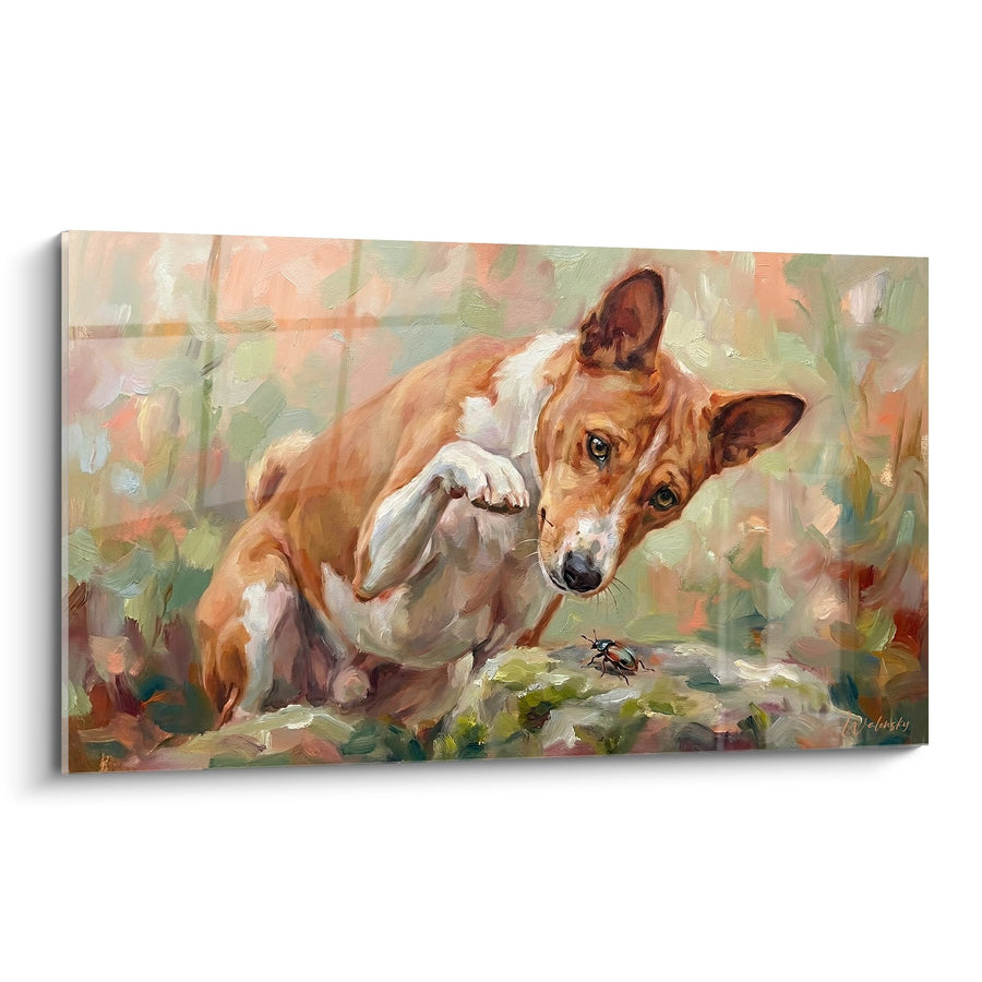 Tableau Chien Roux Allongé avec Insecte - Curiosité Tendre - Edition Basenji