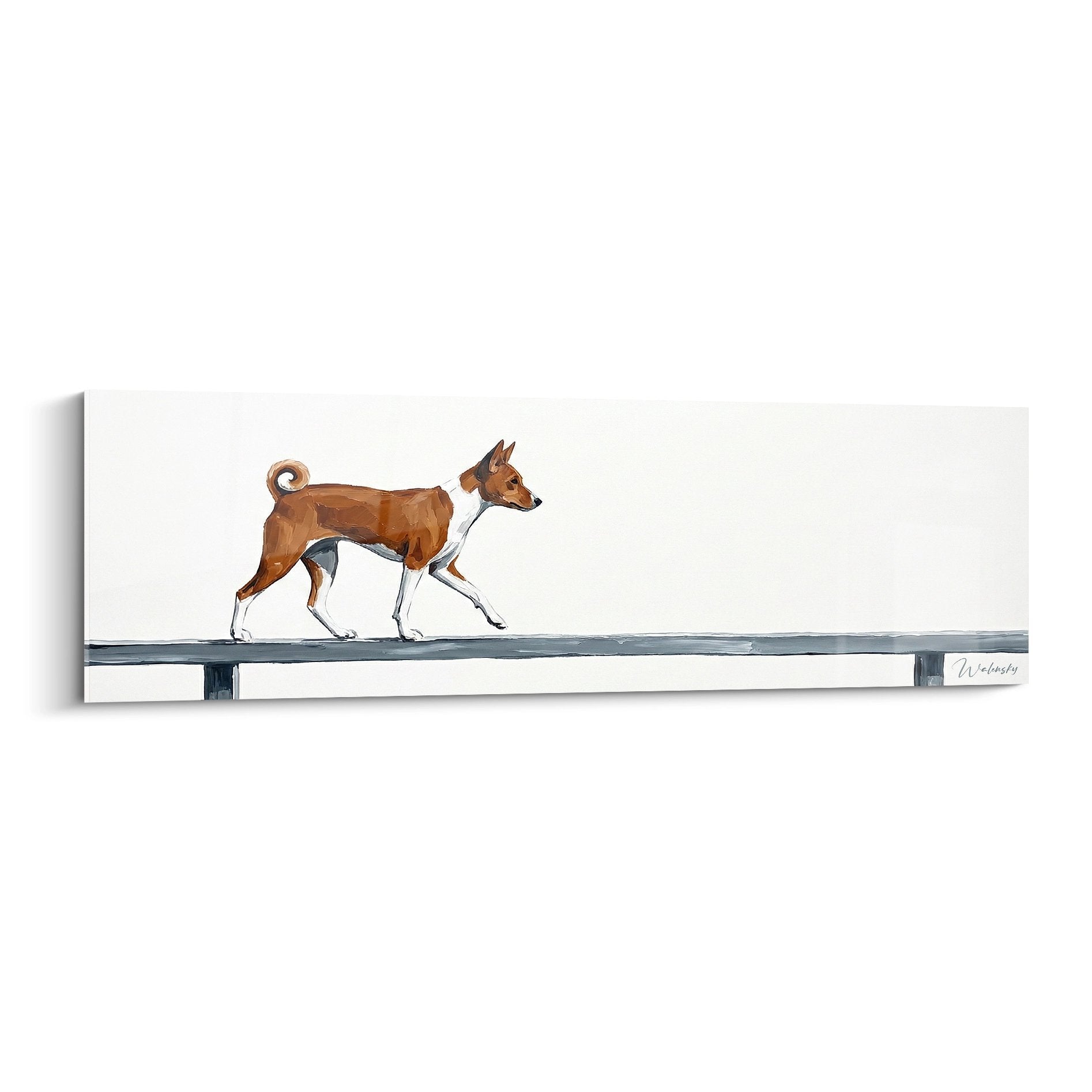 Tableau de Basenji roux et blanc marchant sur poutre metallique grise fond blanc style contemporain