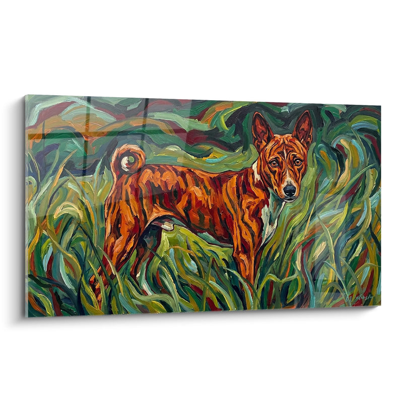 Gemälde Rotbrauner Hund im hohen Gras - Wilder Blick - Basenji Edition