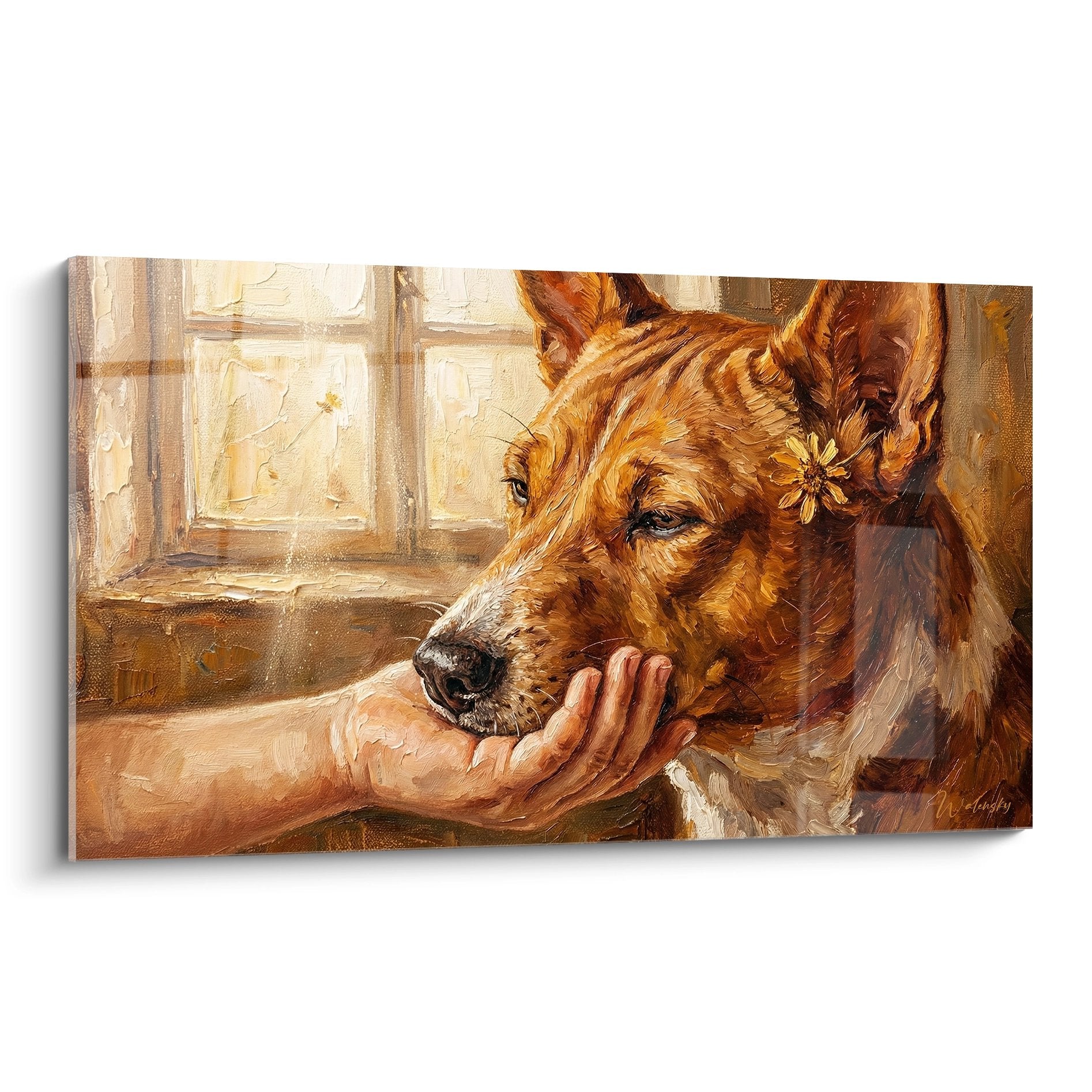Gemälde eines rötlichen Basenji-Hundes, der seine Schnauze einer menschlichen Hand entgegenstreckt, mit goldener Blume im Fell neben einem hellen Fenster