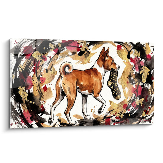 Quadro moderno Basenji rosso con dettagli dorati e bordeaux su fondo espressivo artistico contemporaneo