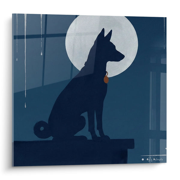 Cuadro Perro Negro Silueta Luna Nocturna - Melancolía Azul - Edición Basenji