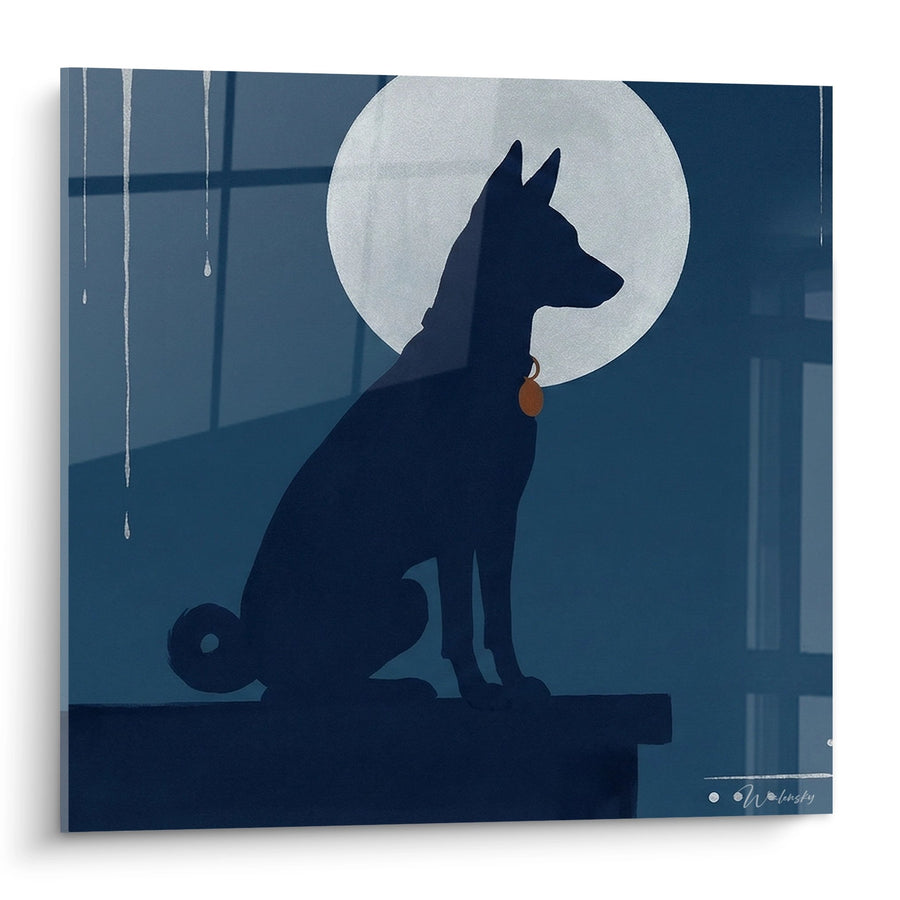 Tableau Chien Noir Silhouette Lune Nocturne - Mélancolie Bleue - Edition Basenji