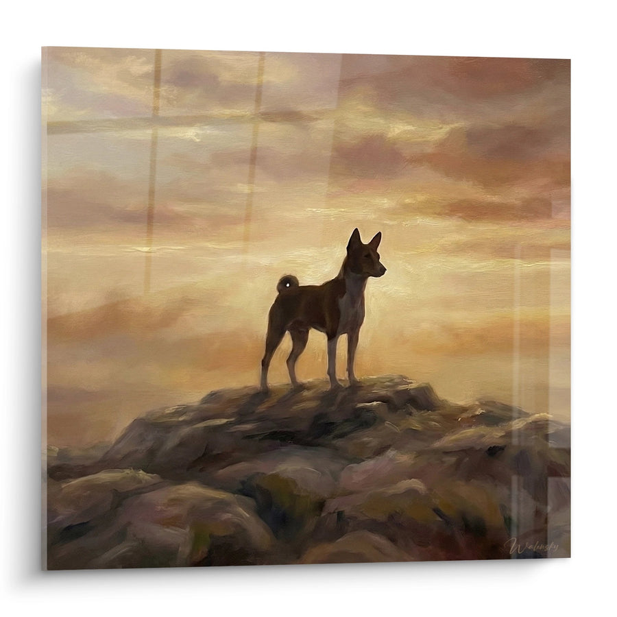 Tableau Chien Silhouette sur Rocher au Coucher du Soleil - Contemplation Dorée - Edition Basenji