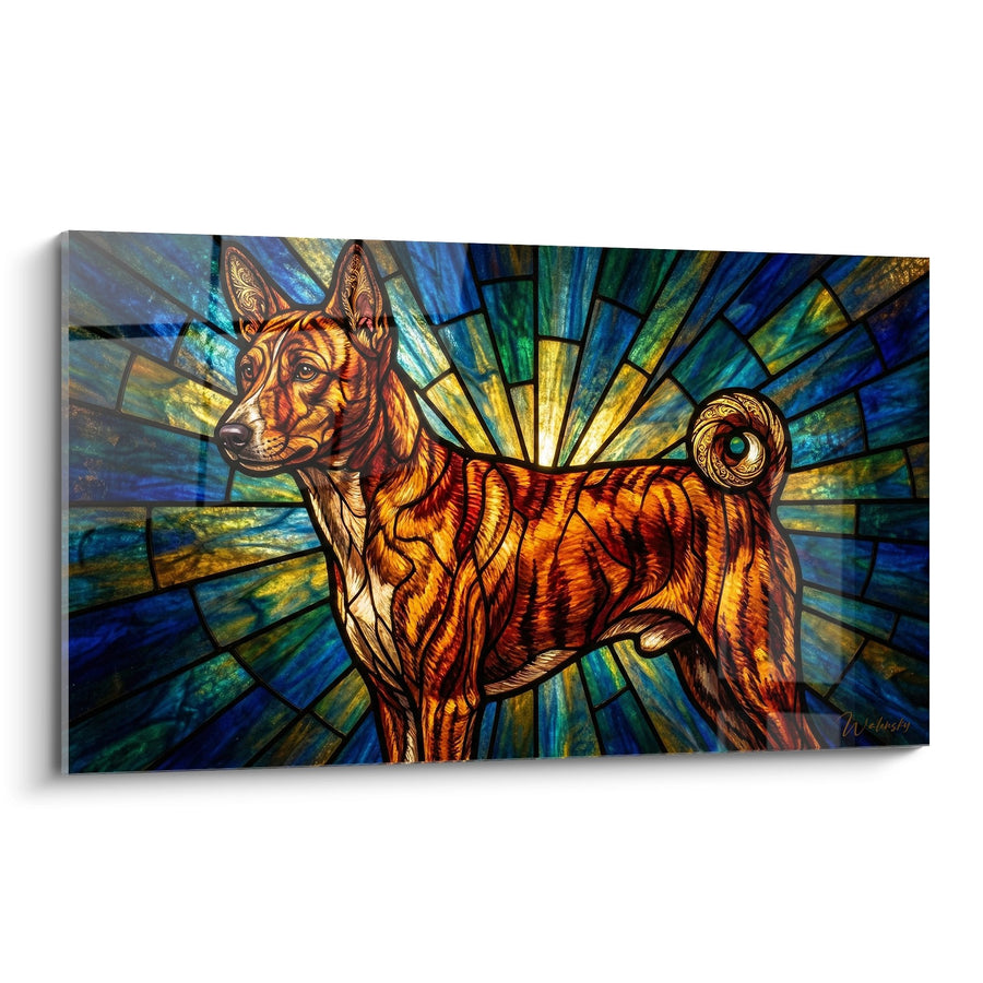 Tableau Chien Roux aux Tons Dorés sur Vitrail Rayonnant - Lumière Mystique - Edition Basenji