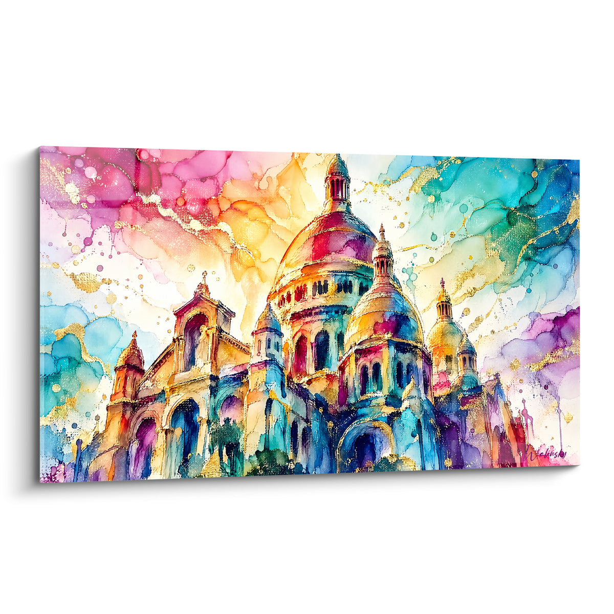 Basilique du Sacré-Cœur aux dômes bleu marine et rose fuchsia en aquarelle éclatante