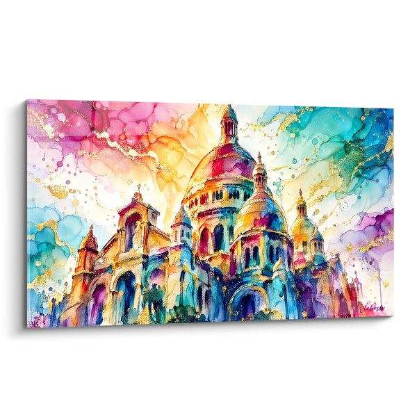 Schilderij Basiliek multicolor met stralende roze en turquoise koepels - Heilige regenboog - Editie Basiliek van het Heilig Hart van Montmartre Île-de-France Frankrijk