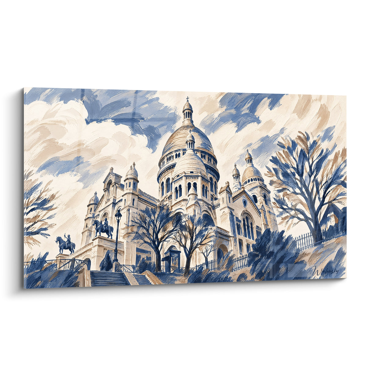Basilique du Sacré-Cœur en bleu marine et beige sable, dômes et statues équestres détaillés