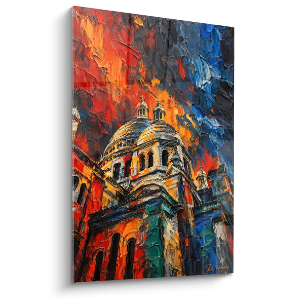 Painting Ivory Dome with Red and Blue Incendiary Reflections - Burning Night Sky - Basilica of the Sacred Heart of Montmartre Edition, Île-de-France, France