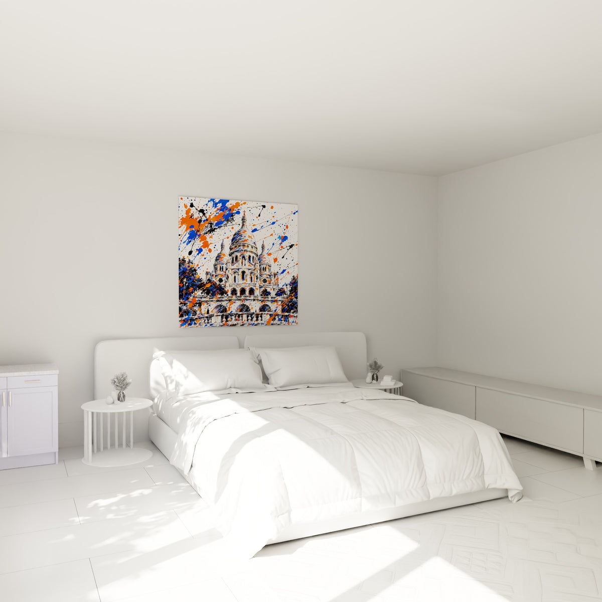 Dômes blancs de la basilique éclaboussés de bleu et orange au-dessus d'un lit dans une chambre claire