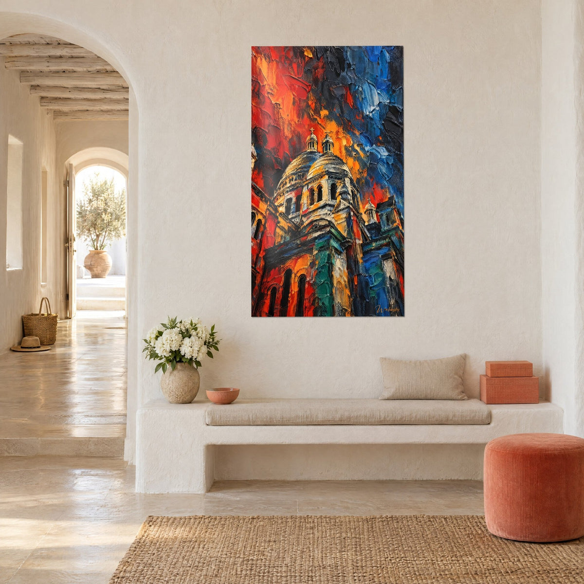 Wall art Sacré-Cœur de Montmartre with ivory domes, orange and cobalt blue flames, three-quarter view in a living room with white walls