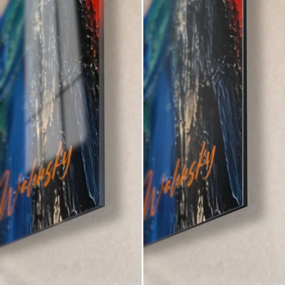 Wall art ivory domes under a red and blue sky, bottom right corner, glossy acrylic glass on the left, matte Dibond and edge on the right