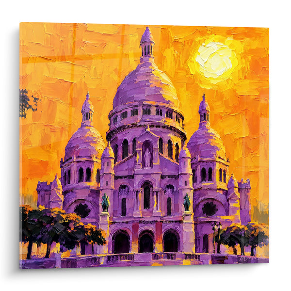Painting Basilica in Mauve Under Fiery Orange Sky - Sunset Flame - Basilica of the Sacred Heart of Montmartre Edition, Île-de-France, France